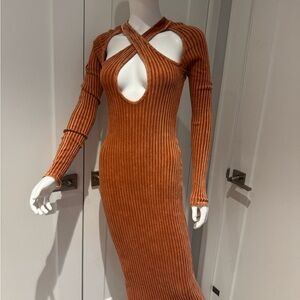 Rust Long Sleeve Cut-Out Dress